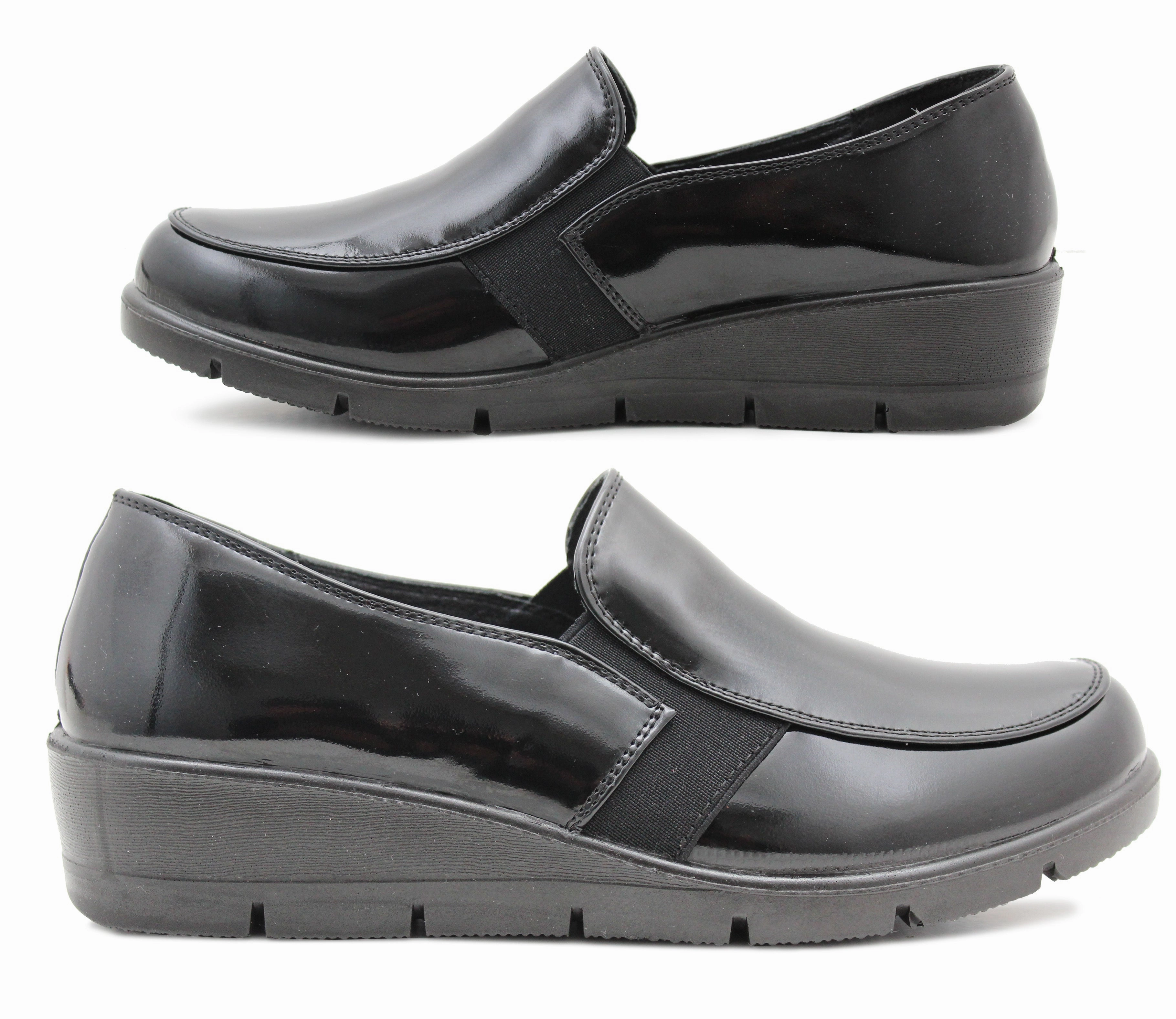 Womens Slip On Loafers Black Patent Ladies Casual Smart Twin Gusset Low Wedge Flat Office Moccasin Pumps Shoes American Classics Penny Loafers