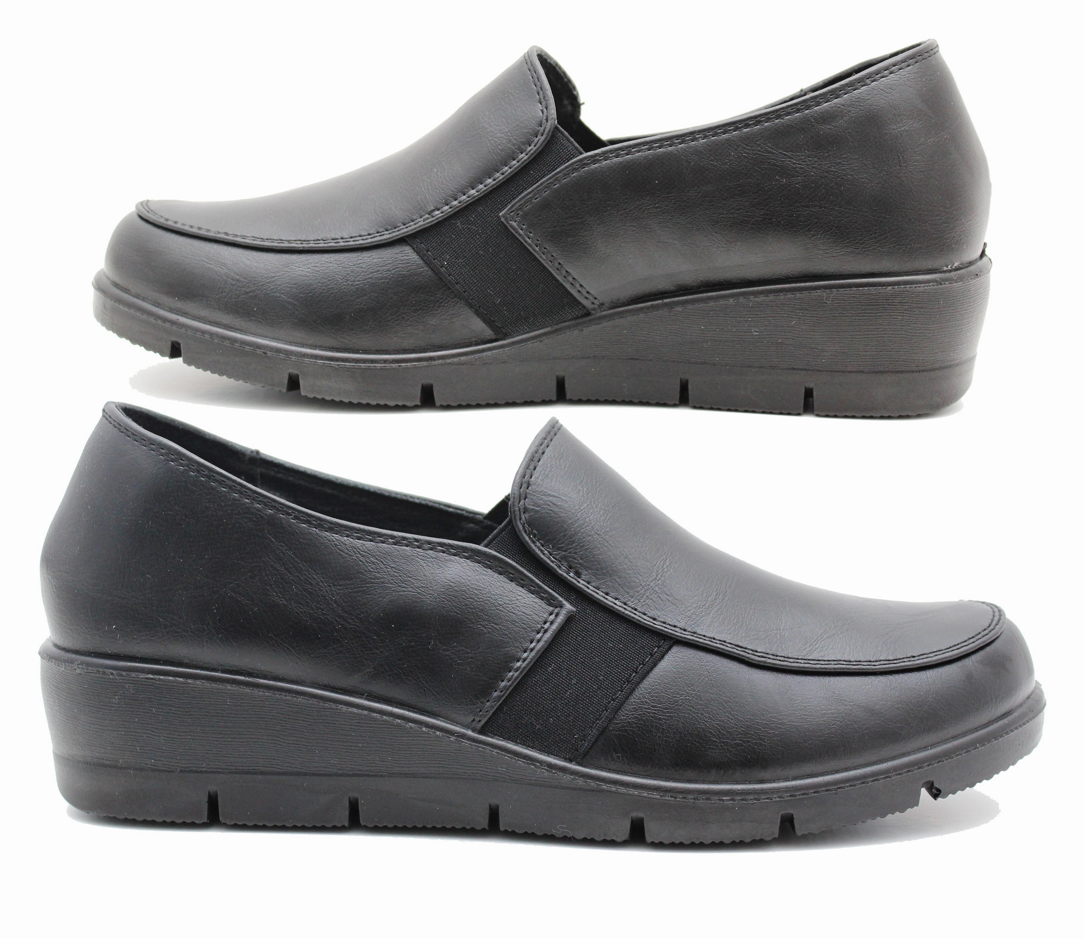 Merrell Jungle Moc Loafers Womens Slip On Loafers Black PU Ladies Casual Smart Twin Gusset Low Wedge Flat Office Moccasin Pumps Shoes