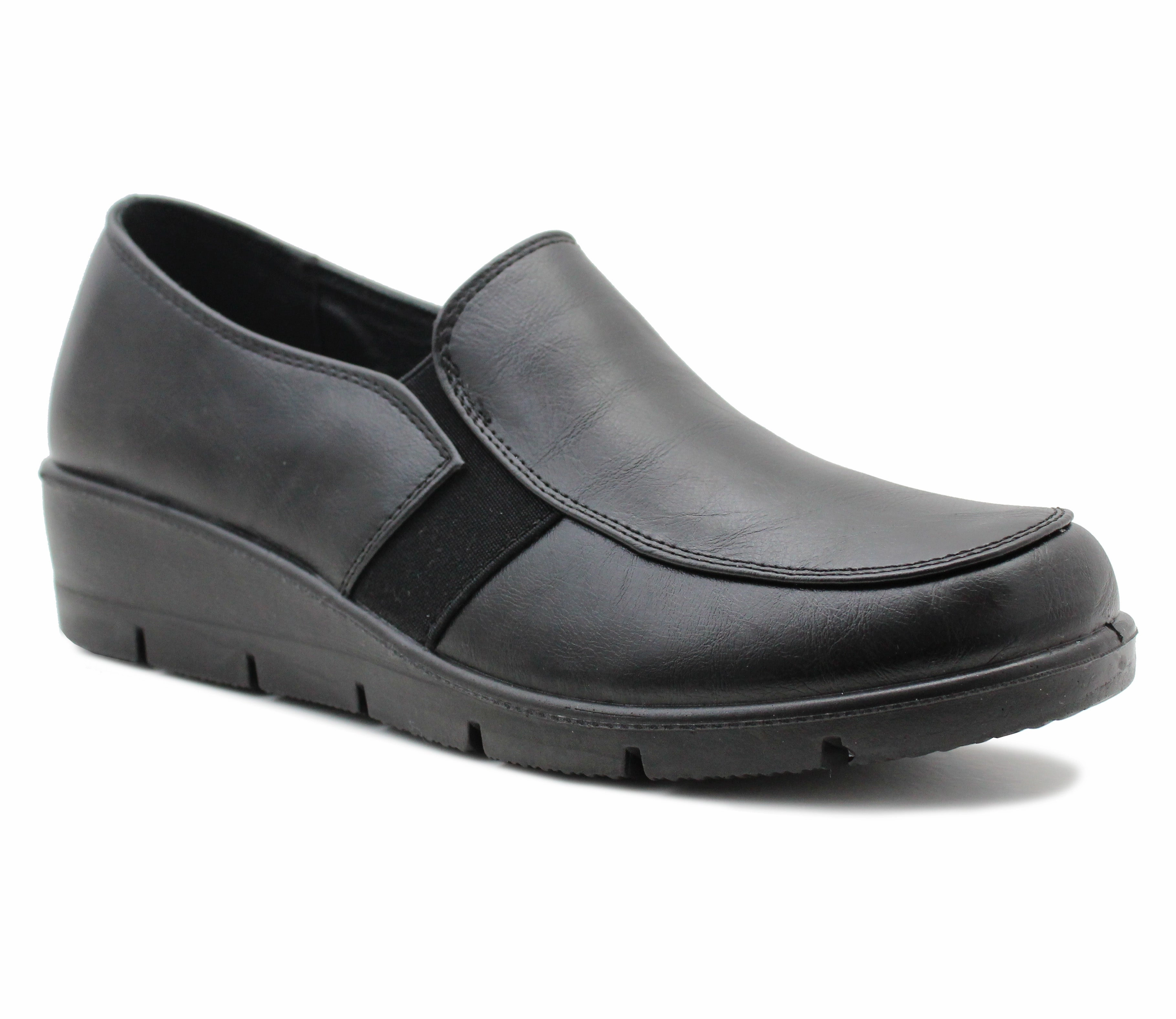 Bon Bon Loafers Womens Slip On Loafers Black PU Ladies Casual Smart Twin Gusset Low Wedge Flat Office Moccasin Pumps Shoes