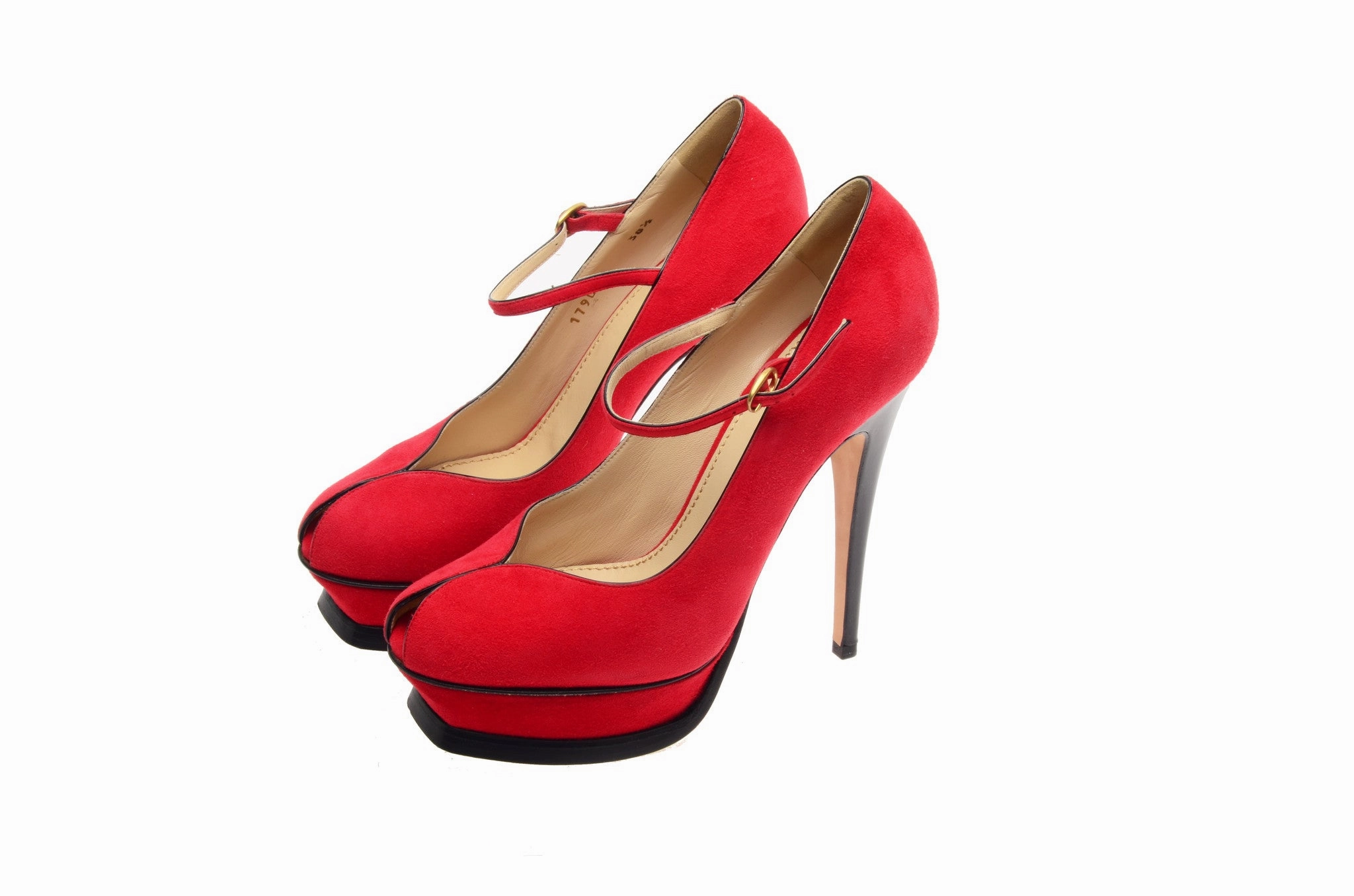 Jennifer Garner Heels YSL - Red & Black Suede Peep Toe Pumps with Ankle Strap - IT 38 1/2
