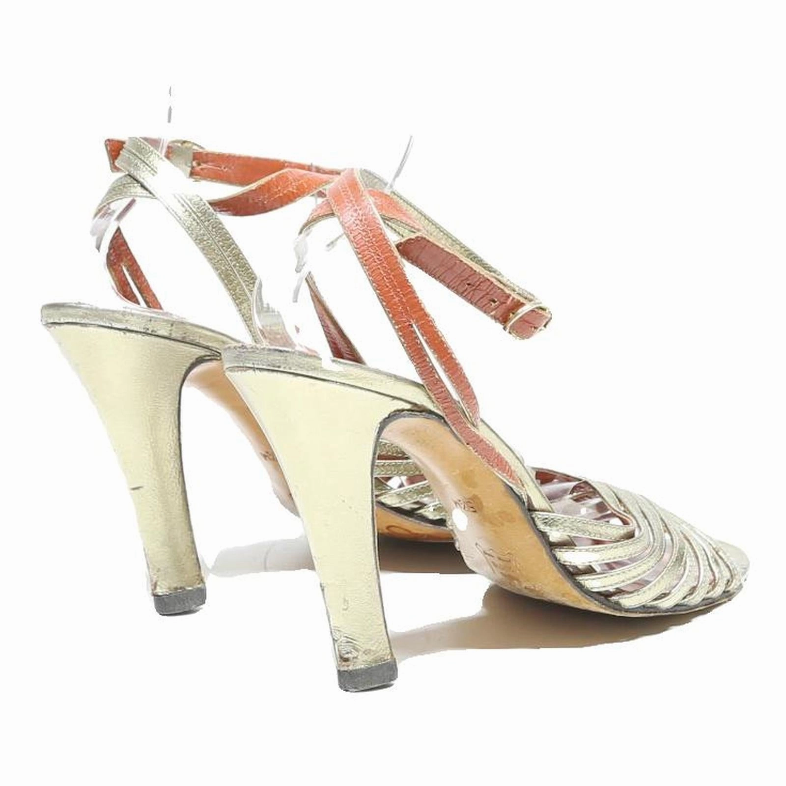 YVES SAINT LAURENT Womens Ankle Strap Heels Gold Leather UK 5.5 Elegant Summer High Heels And Nylons