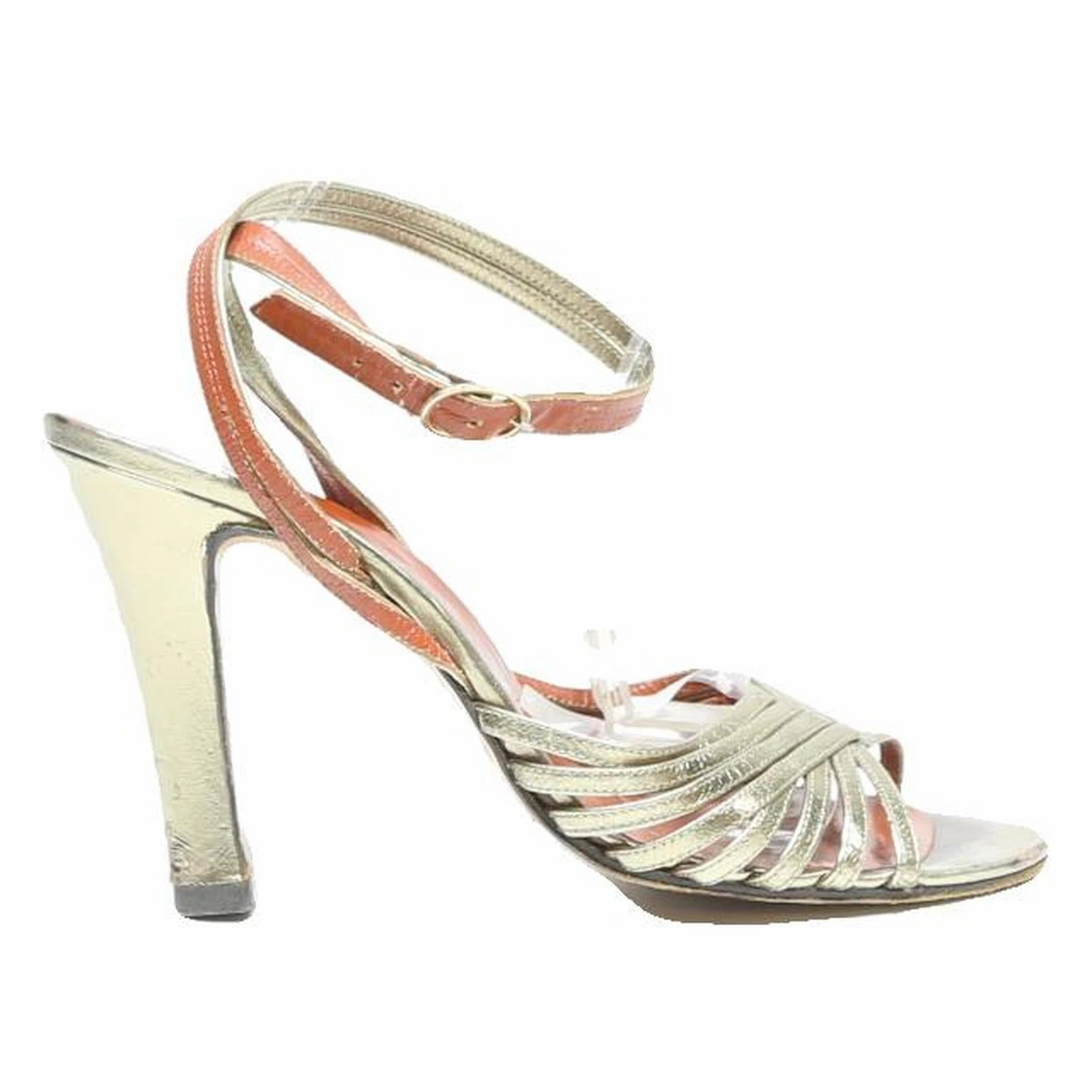 Ebony High Heels YVES SAINT LAURENT Womens Ankle Strap Heels Gold Leather UK 5.5 Elegant Summer