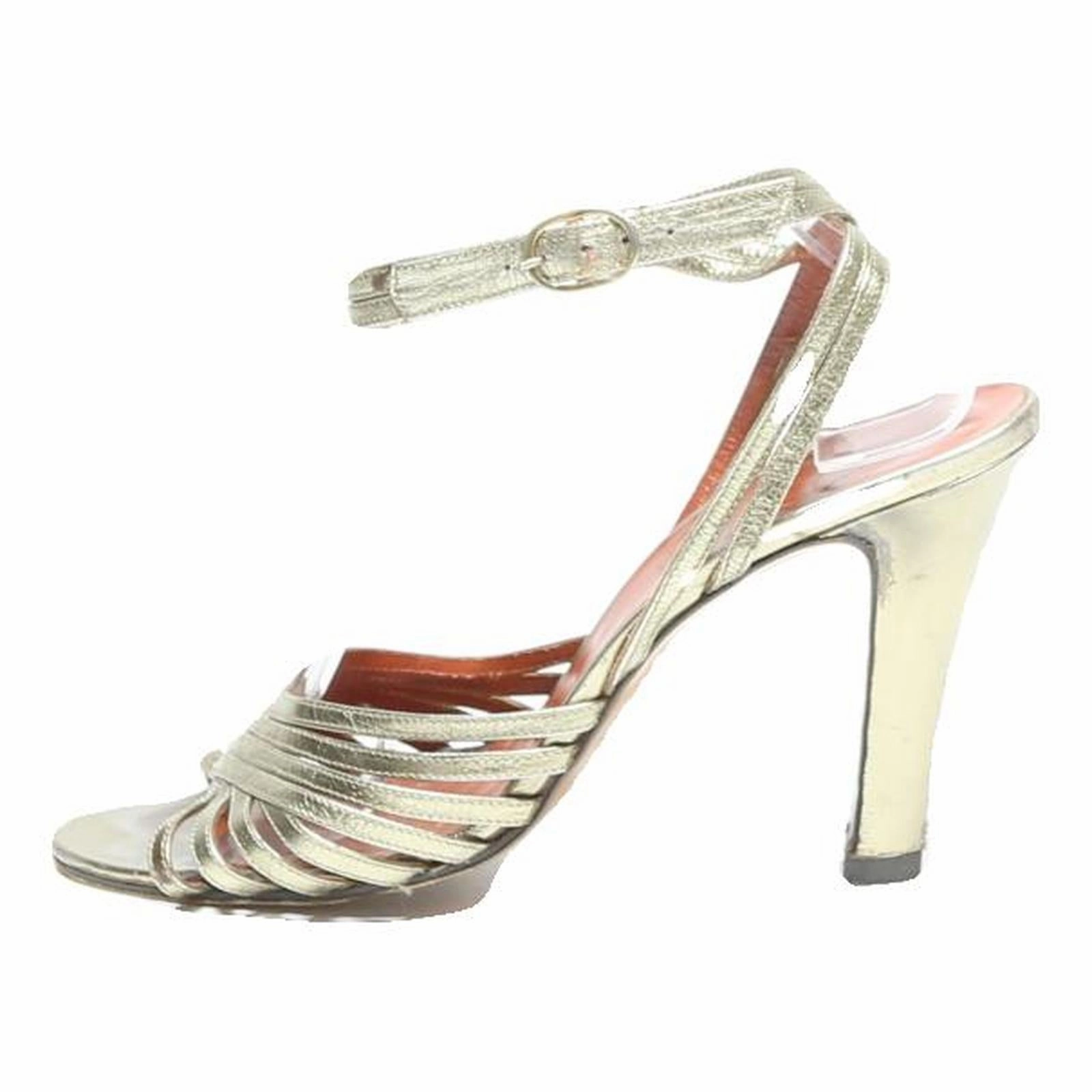 YVES SAINT LAURENT Womens Ankle Strap Heels Gold Leather UK 5.5 Elegant Summer Round Toe High Heels