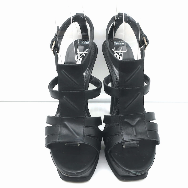 High Heels Footwear Images Yves Saint Laurent Y-Embossed Platform Sandals Black Leather Size 37